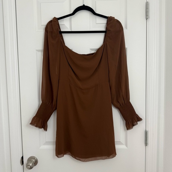 Wilfred Aritzia Emmylou Brown Cognac Square Neck Mini Dress Women’s 10 Chiffon - Picture 2 of 14
